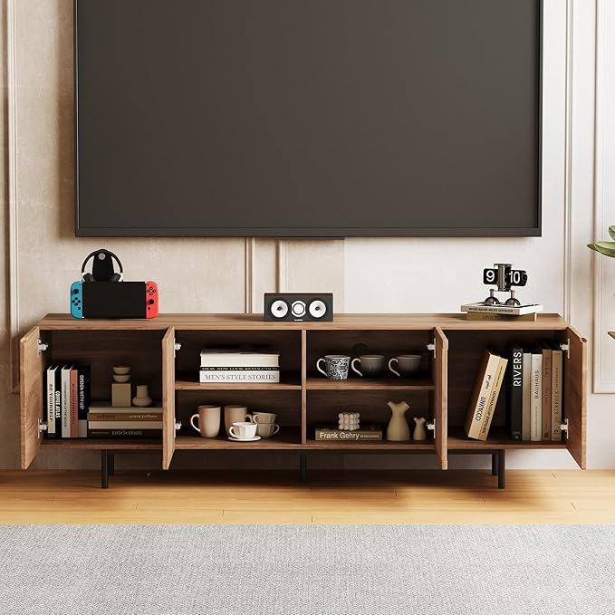 gaoyangjiaju 70.87" Mid Century Modern TV Stand, Walnut Media Console for 70 Inch TVs, Entertainment Cabinet with 4 Storage Compartments for Living Room or Bedroom
