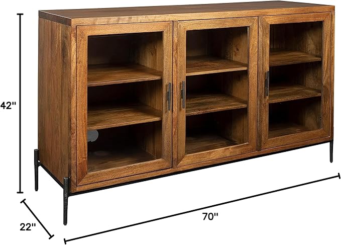 Hekman TV Stand with Storage for Living Room, Entertainment Center with Bookshelves - Bedford Brown Finish, Wood Framed Glass Doors, Back Ventilation Panel, Solid Hand-Forged Iron Hardware, TV Console