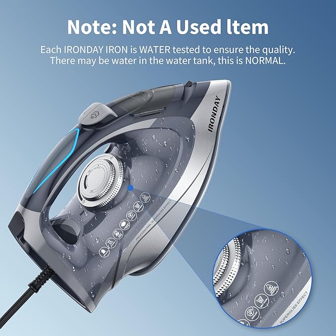 IRONDAY Steam Iron for Clothes Rapid Heating, 1700W Iron Burst of Steam, Non-Stick Ceramic Soleplate, Auto shutoff, Anti-Drip, Self-Cleaning, 10.14oz Water Tank Ironing Clothes for All Fabrics, Grey