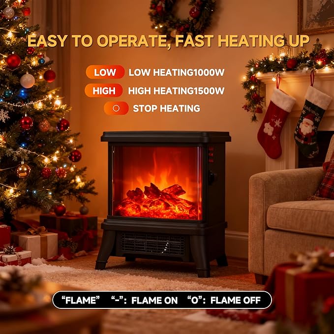 18 inch Panoramic Window with 1500W/1650W Electric Wood Fireplace Flame Effect, 4-in-1 Independent Indoor Space Heater. Full arc 3D Panoramic Flame Effect with 3S Fast Heating