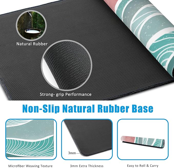 EOBKLAX Ocean Wave and Mountain Large Gaming Mouse Pad,Waterproof Desk Mat for Desktop,Non-Slip Rubber Base Mousepad with Stitched Edges for Laptop Office and Home 35.4X15.7 Inch