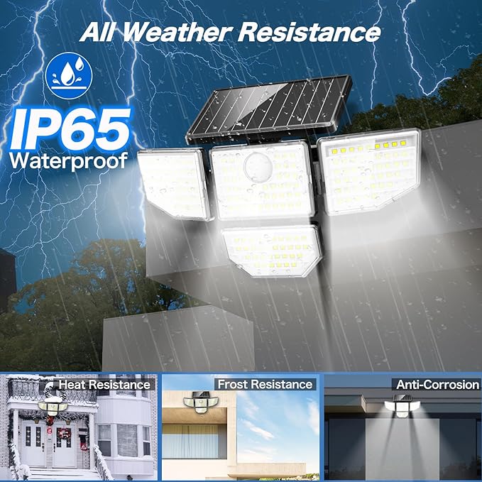 Adewalk 3000LM Outdoor Solar Light - Upgrade 4 Heads 188 LED Solar Motion Sensor Outdoor Lights, IP65 Waterproof Powered Light for Home Darkroom Backyard