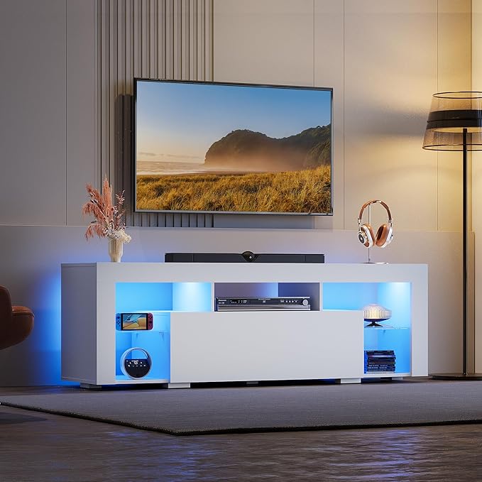 WLIVE TV Stand with LED Lights & 2 Large Storage Drawers, Modern Entertainment Center for 32/43/50/55/60 Inchs TVs, Sturdy TV Console for Living Room, Bedroom(White)