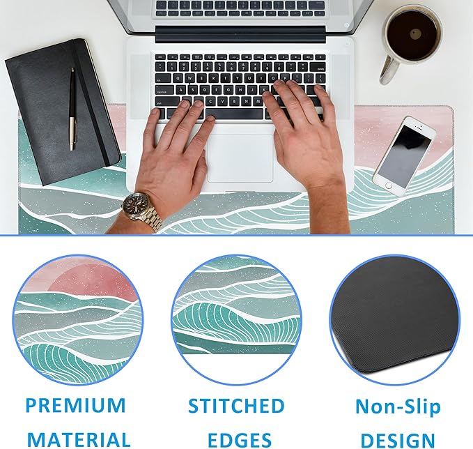EOBKLAX Ocean Wave and Mountain Large Gaming Mouse Pad,Waterproof Desk Mat for Desktop,Non-Slip Rubber Base Mousepad with Stitched Edges for Laptop Office and Home 35.4X15.7 Inch