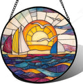 DASTOLL Stained Glass Window Hanging, Sailboat and Waves Suncatcher Diamond Glass Panel Hangings Sun Catchers Decor for Birthday for Women, Men, Wife, Aunt, and Mom 14.9x14.9 in