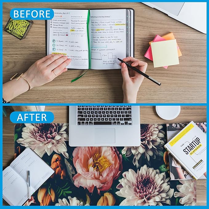 EOBKLAX Vintage Beautiful Flowers Desk Mat,Large Gaming Mouse Pad,Non-Slip Rubber Base Desk Pad with Stitched Edges for Desk Office Home Decor 35.4X15.7 Inch