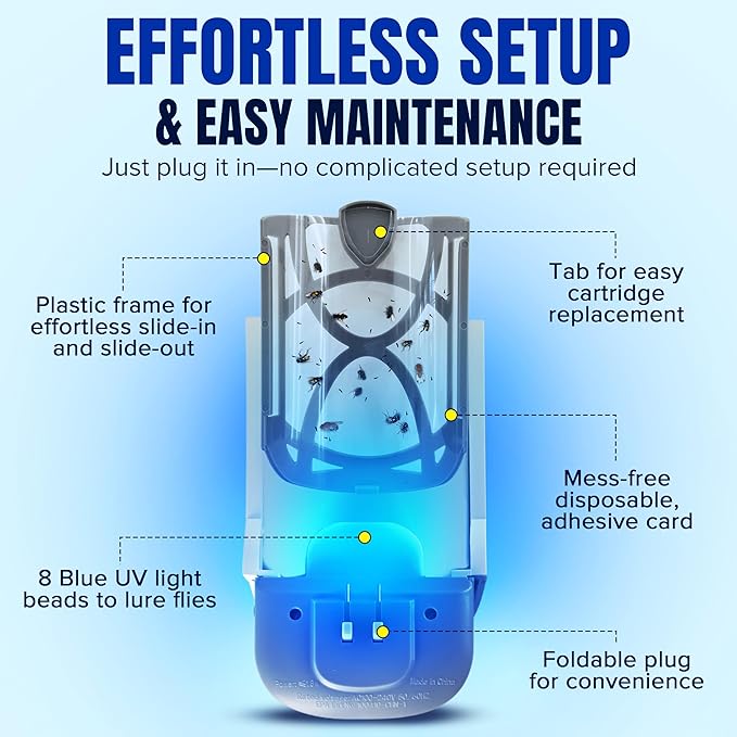 Zaperly 1 Fruit Fly Trap & 5 Adhesive Cartridges, Indoor Plug-in Bug Catcher, UV Light Fly Trap Captures Fruit Flies, Gnats, Houseflies, Moths, and Flying Insects for Kitchen, Bathroom, Plant Areas