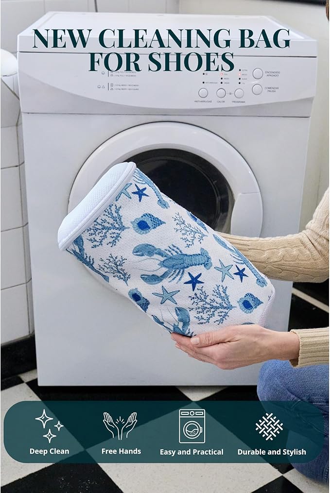 Shoe Washing Machine Bags (2-Pack) with Sneaker Brush – Deep Clean & Protection Thick Chenille Shoe Laundry Bags for Sneakers, Tennis & Casual Shoes, Travel & Storage | Ocean Print | Bluehome