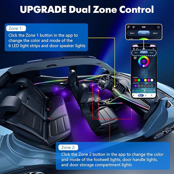 2026 Upgraded Acrylic Interior Car LED Strip Light Dual-Zone Wireless App, 2 in 1 with 43.3inch + 9.8inch Fiber Optic Strip Lights, Dynamic Chasing Music Sync Neon Car Ambient Lighting Kits