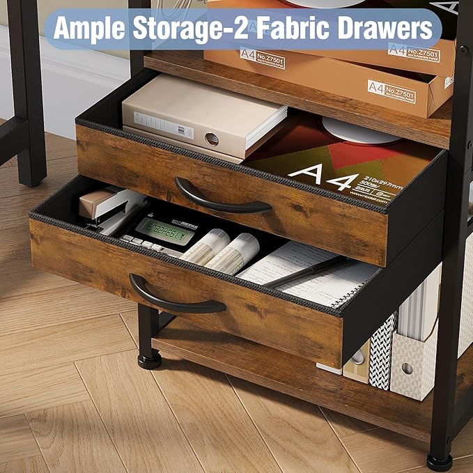 VENNQD Large Printer Stand with Storage Fabric Drawer Under Desk Printer Table with Wheels for Home Office, Printer Cart fit Fax Machine Scanner (Rustic Brown, 3 Tiers)