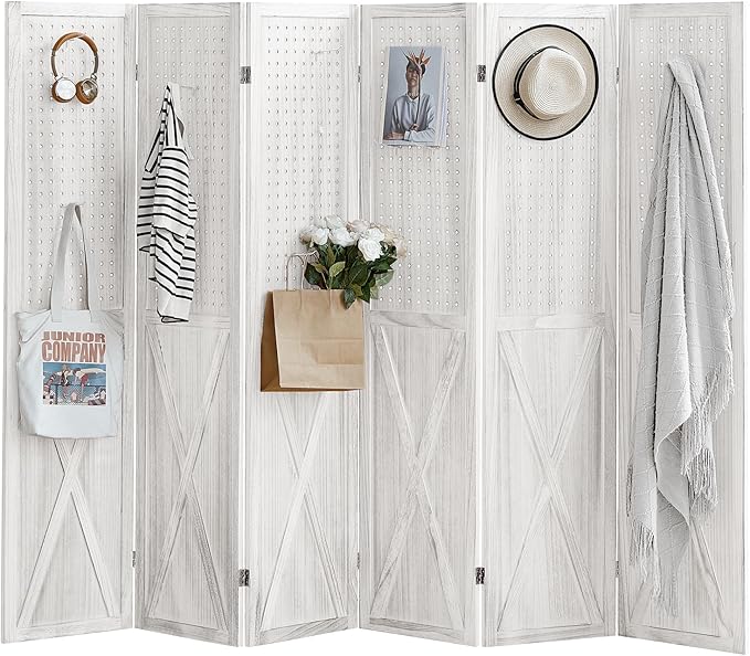 ALeesing 6 Panel Pegboard Room Divider, 5.6Ft Pegboard Display Folding Privacy Screens, Wood Room Divider Peg Board Display Freestanding for Trade Show Craft Show Home Wall Organizer, Retro White