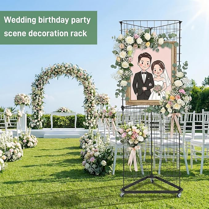 Brobear Triangular Gridwall Panel Display Stand with Base and Casters, 360-degree rotation Wire Wall Grid 24"x68" Rolling Grid Wall Tower for Retail, Trade Show, Vendor Events and Home Organization