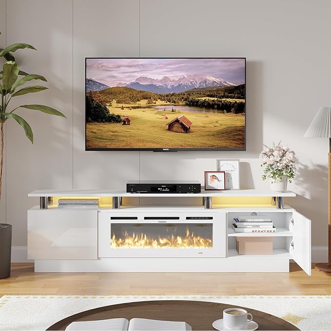 oneinmil Fireplace TV Stand with 36” Electric Fireplace, 70” 2 Tier TV Console Stand for TVs Up to 80", LED Light Entertainment Center, Fireplace for The Living Room TV Stand, White