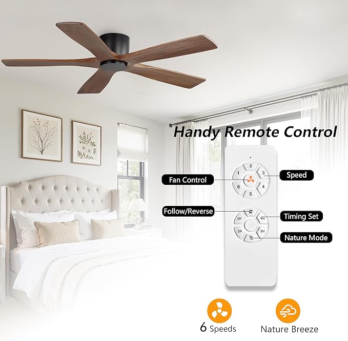 WINGBO 54" Flush Mount DC Ceiling Fans without Lights, 5 Carved Solid Wood Blades, 6-Speed Reversible DC Motor, Low Profile Hugger Ceiling Fan No Lights for Living Room Bedroom Patio, Black and Walnut