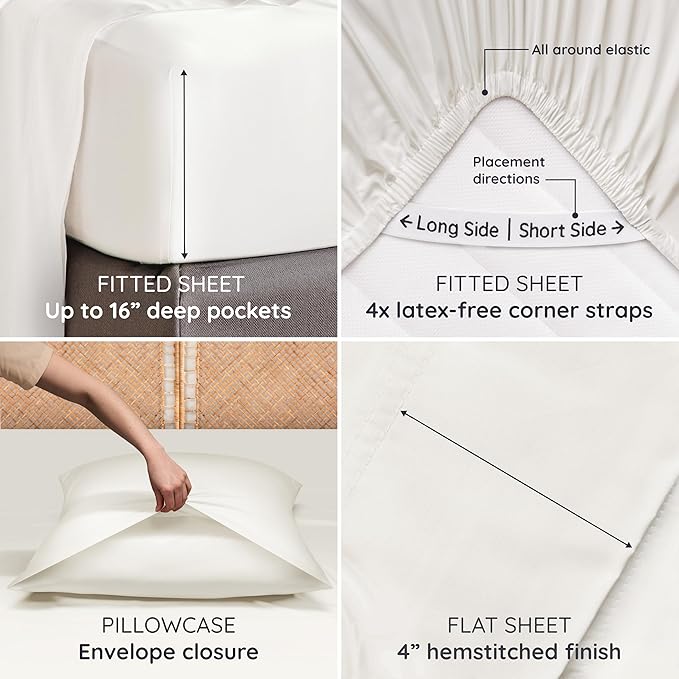 Bambaw 100% Viscose Derived from Bamboo Sheets California King Size Set – 4pcs Super Soft Bedding Set, Cooling Bed Sheet, Hotel Luxury Bed Sheets Set, Deep Pockets Fits Up to 16'' Mattresses (Ivory)