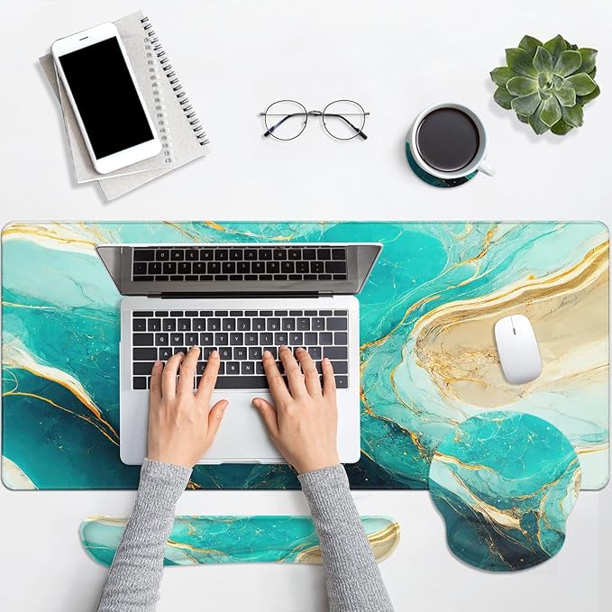 Britimes Green and Gold Marble Keyboard Mouse Pad Set 4in1 Large Mousepad+Keyboard Wrist Rest+Mouse Wrist Rest+Coaster Set with Ergonomic Design for Home Office Computer 35.4x15.7 inches