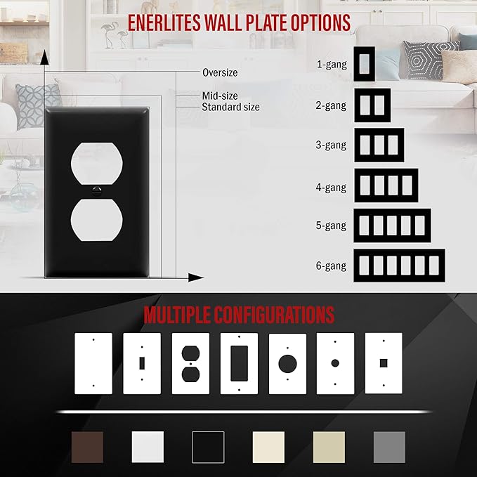 ENERLITES Duplex Receptacle Outlet Wall Plate, Size 1-Gang 4.50" x 2.76", Unbreakable Polycarbonate Thermoplastic, UL Listed, 8821-BK-10PCS, Black (10 Pack)