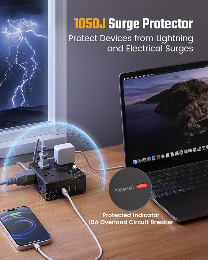 10Ft Extension Cord with Multiple Outlets, Flat Plug Power Strip Surge Protector with 10 Ft Long Cord, 8 Outlet 4 USB Ports (2 USB C), Multi Outlet Wall Plug for Office, College, Dorm Room Essentials