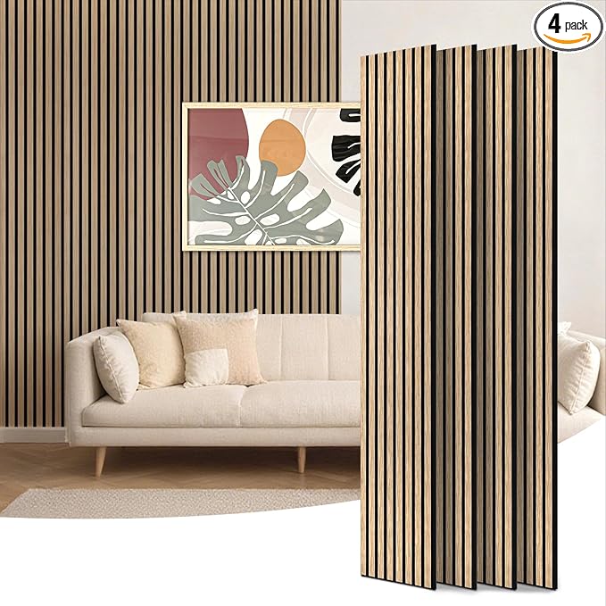Art3d 4-Piece 94 x 12.6 Inch Acoustic Lightweight Slat Wall Panel - Waterproof Wood Textured Wainscoting Panel of 33 Sq.Ft for Bedroom, Home Theater Office Accent Wall, Boxwood