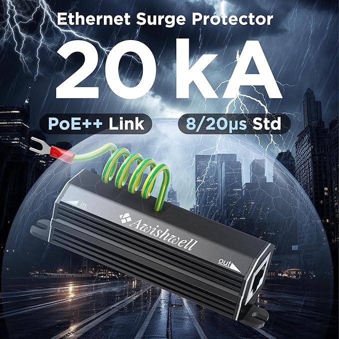 Awishwell Ethernet Surge Protector Gigabit, 10 Pack PoE++ RJ45 Surge Protector 1000Mbps, 20KA Metal Shielded Lightning Arrestor LAN Network CAT5/CAT6 Thunder Arrestor-Mounting Flange