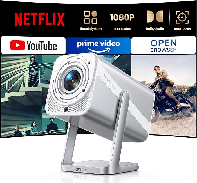 [4K Support/Auto Focus/360°Adjustable Stand]Smart-Projector-4K with WiFi 6 and Bluetooth5.2, Native 1080P Mini Portable Projector, Dolby Audio, TOPTRO Outdoor Movie Proyector Compatible with Netflix