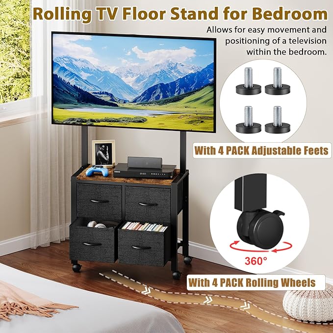 JKsmart Mobile TV Cart Rolling TV Stand Holder with 4 Drawers, for 23-60 inch Flat/Curved Screens,Portable Corner Floor TV Stand on Wheels, Holds Up 88Lbs with Shelf, for Living Room Bedroom