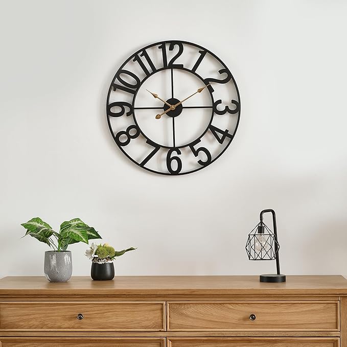 Alarmore Wall Clocks for Living Room Decor, Large Wall Clock Silent Battery Operated, Rustic Industrial Farmhouse Black Metal Wall Clocks for Kitchen, Bedroom, Dining Room-24 in