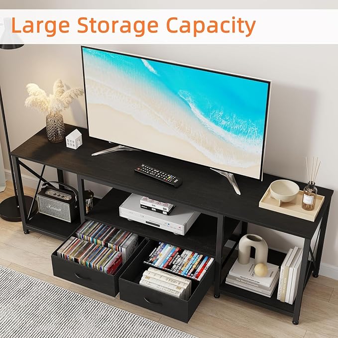 GYIIYUO TV Stand with Fabric Drawer for 50 55 Inches TV - Entertainment Center and Industrial TV Console Table with Open Storage Shelves for Living Room, Bedroom - 47" Black