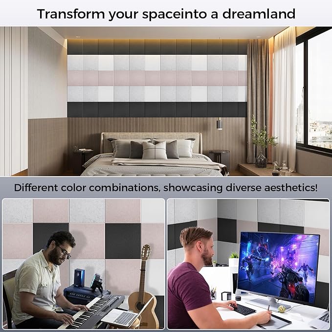 BSHEAD 10 pcs 165dtex Microfiber Acoustic Panels ，Self-Adhesive Soundproof Wall Panels, 12 x 12 x 0.4 in Sound Proof Foam Panels for Walls, High Density, Noise Dampening Panels for Home Studio（White）