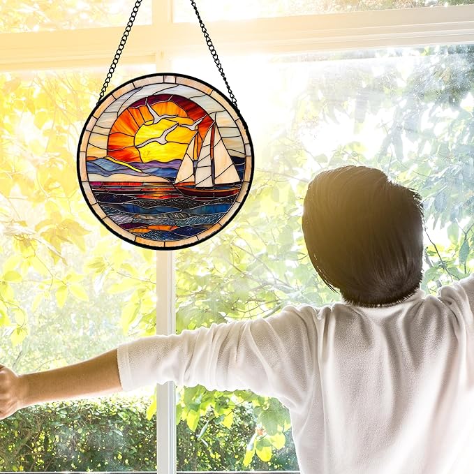 DASTOLL Stained Glass Window Hanging, Sun Ocean Sailboat Seagull Abstract Suncatcher Diamond Glass Panel Sun Catchers Decor for Birthday for Women, Men, Wife, Aunt, and Mom 7.8 in