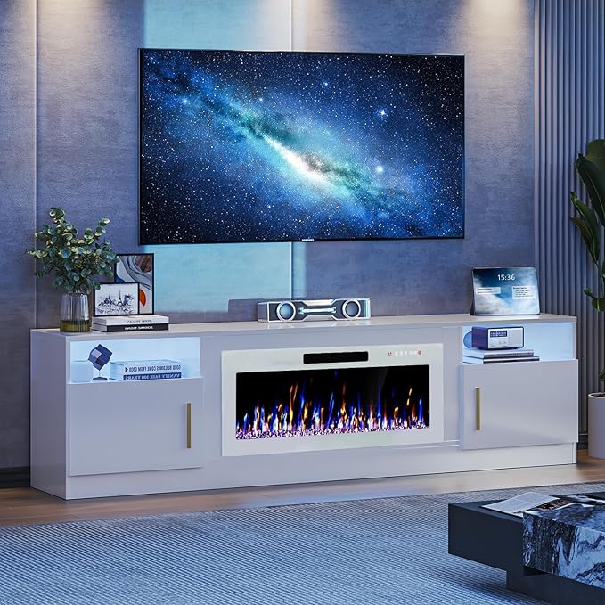 VITESSE TV Stand Fireplace with 36" inch Electric Fireplace Up to 90" TVs, LED Light Entertainment Center, 80" Modern Wood High Gloss with Highlight Storage Cabinet for Living Room (White)