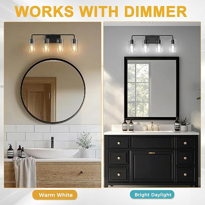 L LOHAS LED 4-Light Bathroom Light Fixtures, 26.37" Black Bathroom Vanity Light with Straight Glass Shades, Modern Vanity Lights for Mirror Living Room Hallway, E26, ETL Listed