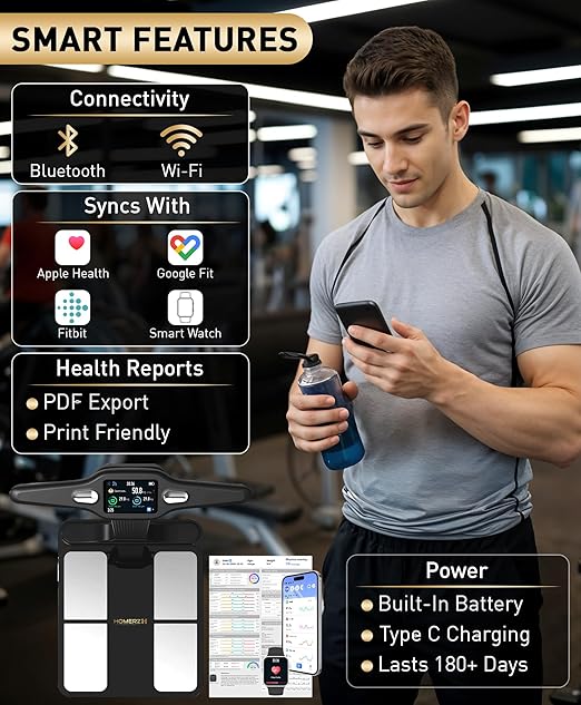 Homerz Smart Scale Pro Max – Bend-Free Smart Scale with BMI, Body Fat, Muscle Mass, Full Body Composition Scale with Digital Weight Tracking, Body Scan Scale with Handle, Body Fat Scanner