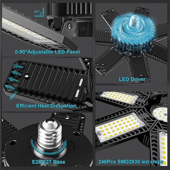 CHENGCHILIT LED Garage Light 8 Pack - 200w 20000LM 6500K Garage Lights Ceiling LED with 7+1 Adjustable Panels, Shop Lights Screw in E26 E27 Bulb Socket for Workshop, Storage Room, Basement, Warehouse