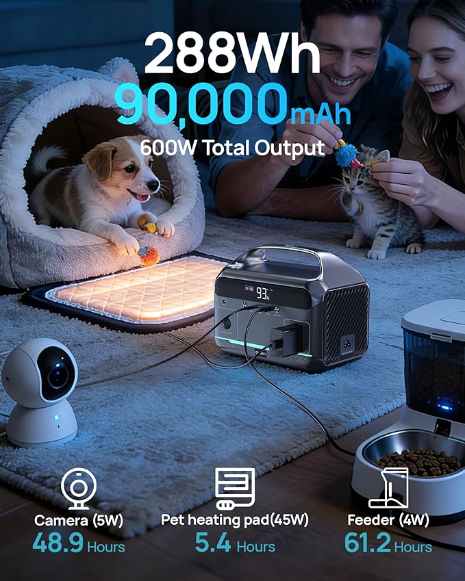 Solar Generator with Panel Included, Portable Power Station 600W with 80W Solar Panel, 288Wh LiFePO4 Battery with AC DC Outlets, Power Bank 2hrs Fast Charging, 7-Port Design for Emergency, Hurricane