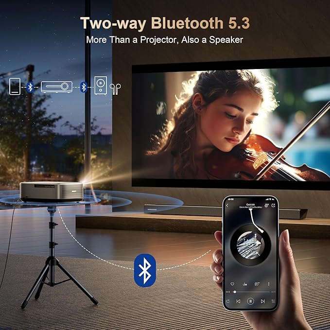 [2000 ANSI/4K Support/DoIby Audio & DBX-TV] Alvar Smart Projector with WiFi 6 and Bluetooth 5.3, 50W Speakers, NetfIix Certified outdoor movie projector, Auto Focus & Keystone, Native 1080P, Black