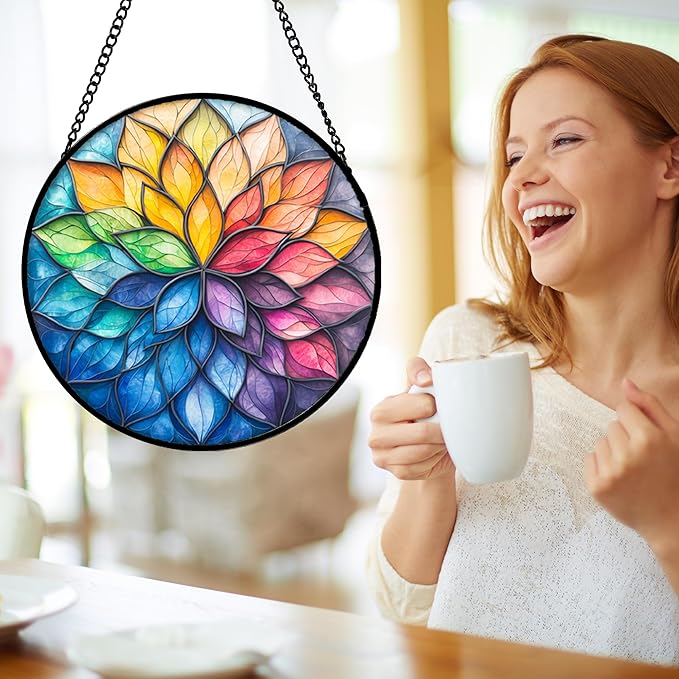 DASTOLL Stained Glass Window Hanging, Colorful Flower Petals Sun Catchers Diamond Glass Panel Hangings Suncatcher Decor for Birthday for Women, Men, Wife, Aunt, and Mom 14.9x14.9 in