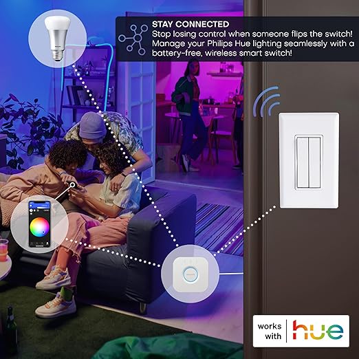 RunLessWire Click for Philips Hue – Battery-Free Wireless Smart Light Switch, 30ft Range – Works Natively with Philips Hue Bridge – Wall Mount Kinetic Switch - Decora Style, Gray
