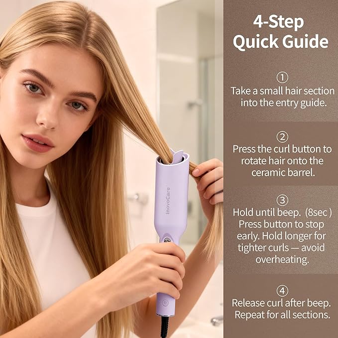 Inovocare Upgraded Automatic Rotating Curling Iron - CurlPro Plus Long Barrel Curling Wand for Long Hair, Ceramic Hair Curler for Women, Anti-Scald, Tangle-Free, 600M Ionic, Dual Voltage (Lavender)