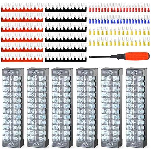 GAGIRA 6 Sets Terminals Block Strips, 6Pcs 25A 600V 12 Positions Screw Terminal Block + 12Pcs Insulated Terminals Barrier Strip + 70Pcs Wire Connector + Screwdriver