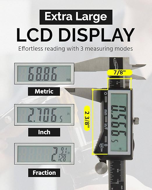 iGAGING EZCal Digital Caliper 0-8"/200 mm - IP54 Electronic Caliper with Extra-Large LCD Display - Quick & Accurate Measurements in Inch, Metric, & Fraction Modes - Includes Case, Manual, & Battery