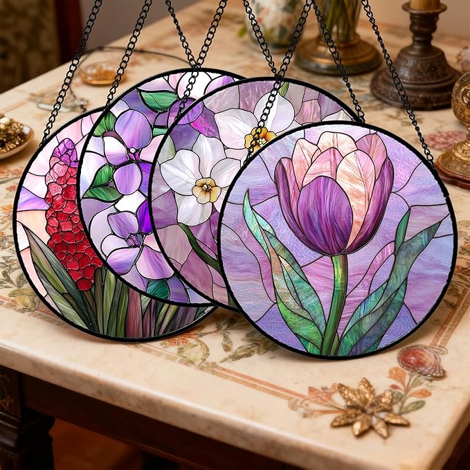 DASTOLL Stained Glass Window Hanging 4 Pcs Set Purple Flower Theme Large 11.8" - Tulip Suncatcher Door Garden Sun Catcher Decor Birthday Christmas for Plant Lovers Woman Nana Men