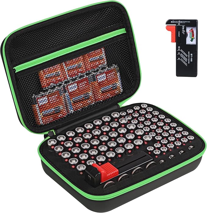 stukcaze Battery Organizer Storage Case with Tester for AA AAA Button Battery Holder Carrying 3 Batteries Variety Pack 88 Batteries Zipper Mesh Bag (Batteries Not Included) (black-green)