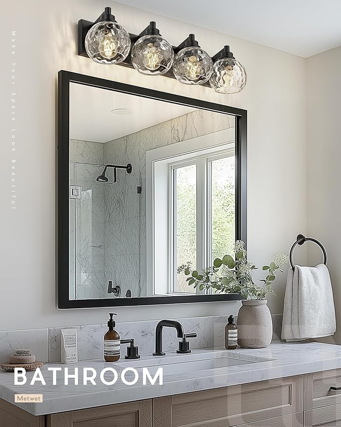 METWET Bathroom Light Fixtures Over Mirror, 26" Matte Black Vanity Light with Clear Hammered Glass Globe Shade, 4-Light Modern Sconces Wall Lighting for Bedroom Hallway, VL200-MB-CL-4