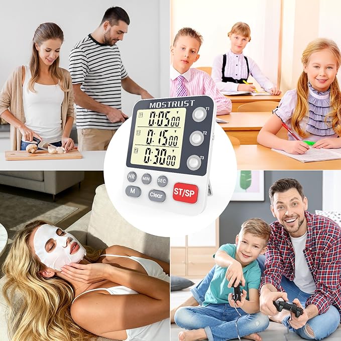 MOSTRUST Digital Dual Kitchen Timer, 3 Channels Countdown Triple Timer for Cooking, Magnetic Memory-Preset Large Display Adjustable Alarm Volume, Multi Times Management, 3A Battery Included, White