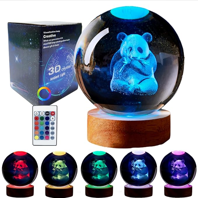 Panda Crystal Ball Lamp,3.15 inch 3D K9 Crystal Ball Panda Night Light,16 Colors Changing Light,Dimmable Remote Control,Panda Lamp Gift (L)
