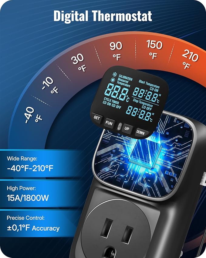 WILAWELS Digital Temperature Controller Outlet, 15A/1800W Heavy Duty Thermostat Plug, VA LCD Display, Heating/Cooling Control, -40°F~210°F, 4 Timer Modes, for Greenhouse Incubator Homebrew B01TC06