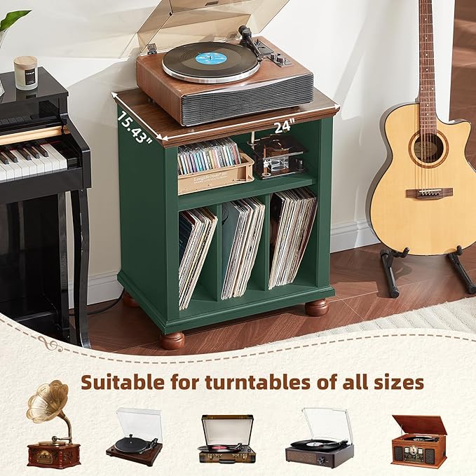 Joaxswe Record Player Stand with Charging Station Up to 200 Albums, 24" Wide Mid-Century Record Player Table with Vinyl Record Storage,Large Wood Turntable Stand Dispaly Cabinet for Living Room,Green