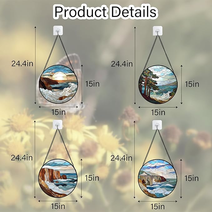 DASTOLL Stained Glass Window Hanging 4 Pcs Set Ocean Waves Large 15" - Blue and White Sea Suncatcher Door Garden Sun Catcher Decor Birthday Christmas for Mom Woman Nana Men