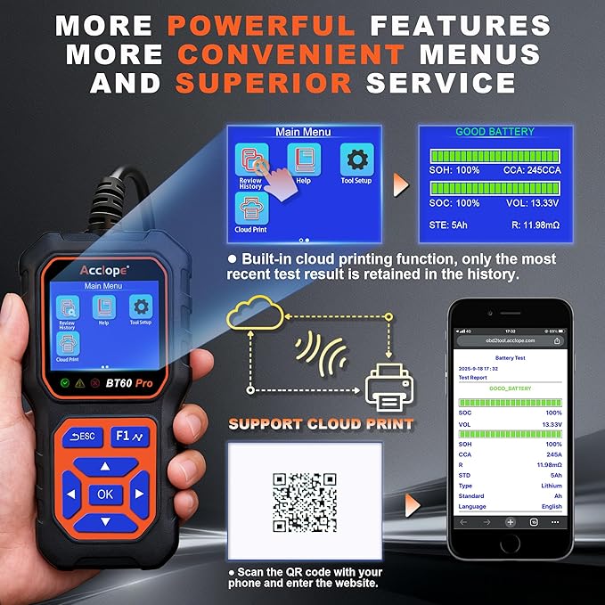 BT60 Pro Acclope Car Battery Tester with Cloud Printing 100-3000 CCA 6V 12V 24V AGM Lithium Gel Battery Checker Automotive Alternator Digital Analyzer Charging Cranking System Vehicles Truck Home-use